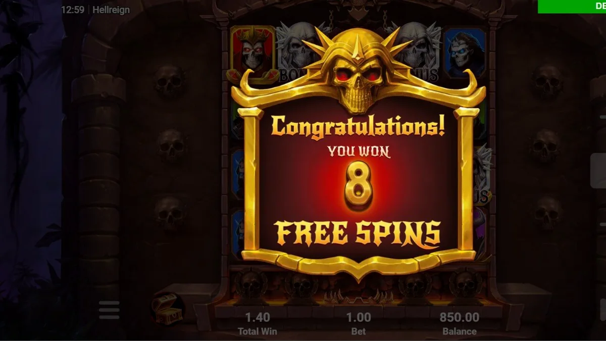 Interface sombria e demoníaca do slot Hellreign Scatter Magnet