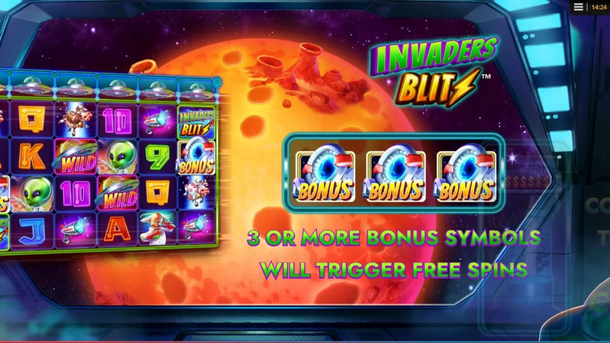 Interface do slot Invaders Blitz com tema de invasão alienígena