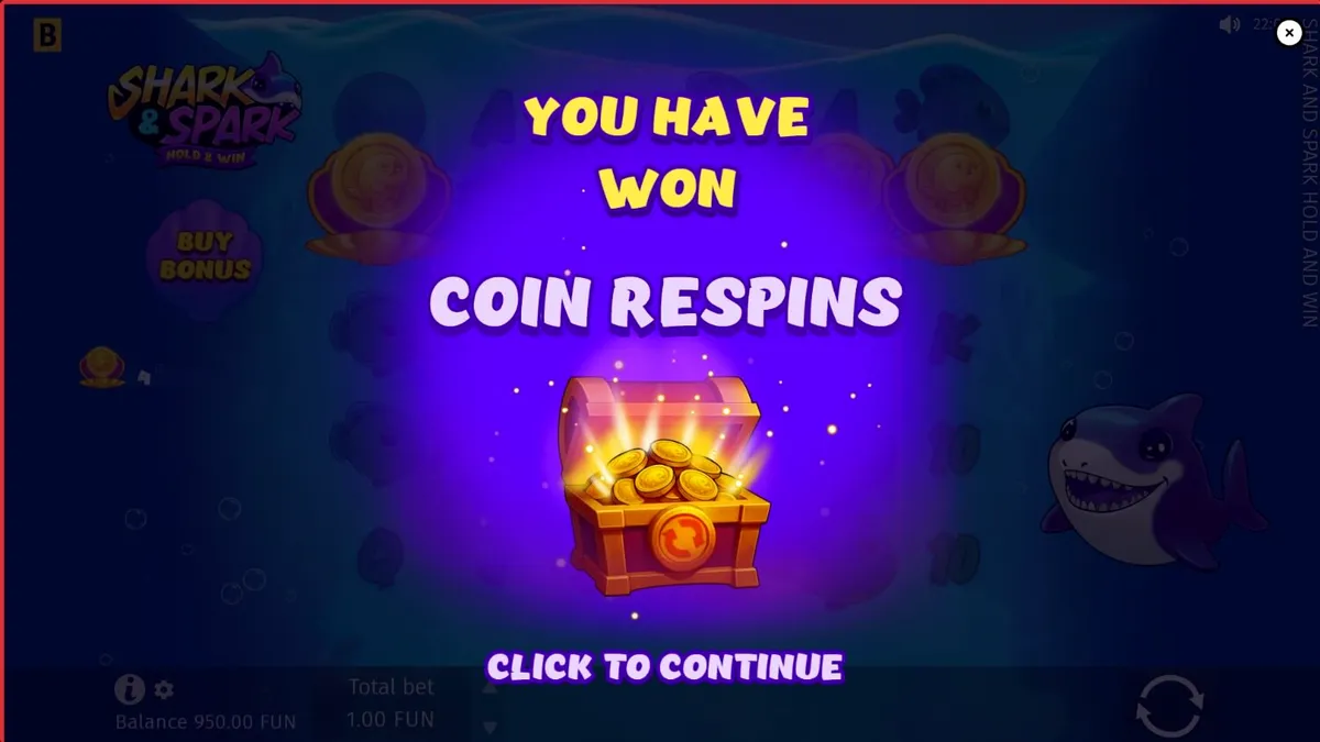 Personagem tubarão amigável no slot Shark & Spark Hold & Win
