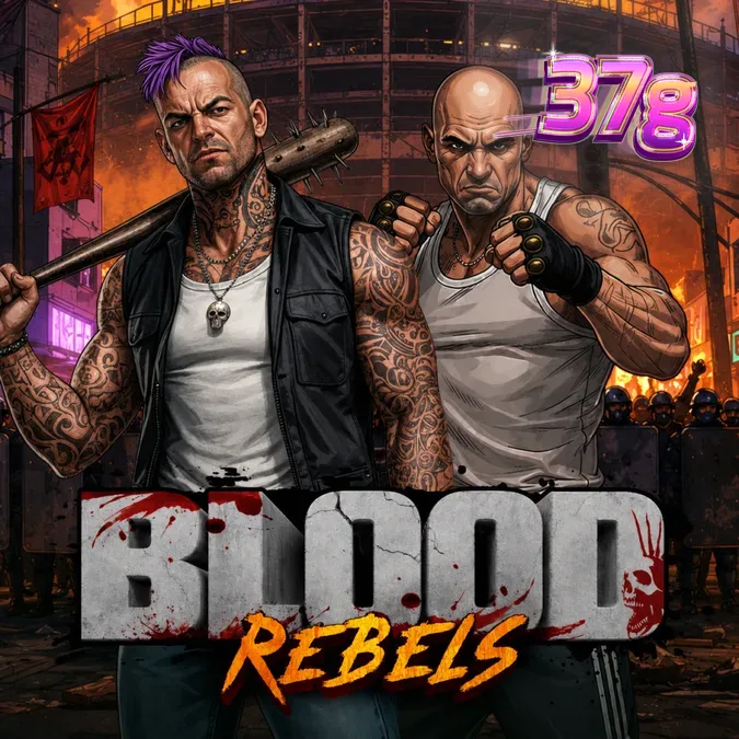 Cena urbana de Blood Rebels com elementos de grafite e atmosfera de rebelião